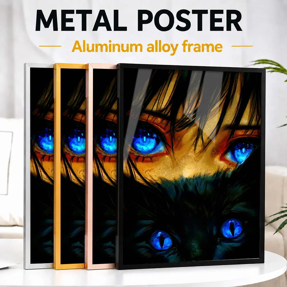Blue Eyes Human And Feline Gaze Framed Aluminum Metal Poster Personalized Surreal Wall Art For Living Room, Fantasy Fan Gift