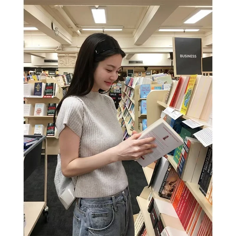 Suéter de Punto de Manga Corta con Cuello Alto a Media Altura, Estilo Dulce y E para Mujer, Corte Regular, Dongda Gate...