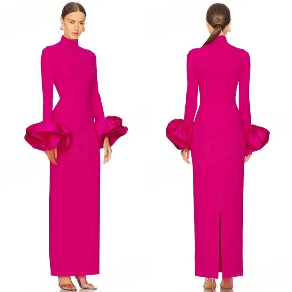 أزياء رسمية مخصصة حمراء طويلة الأكمام جيرسي حفلة موسيقية فستان سهرة فستان مناسبة مخصصة الكشكشة خط العنق العالي