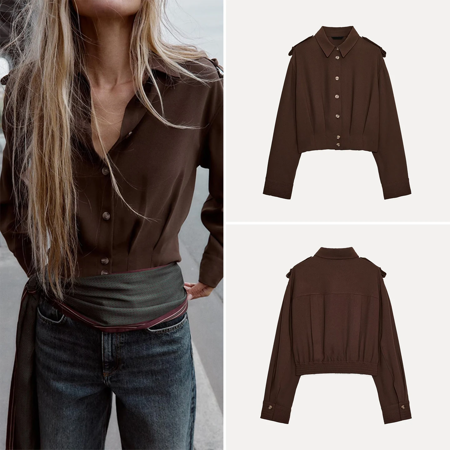 

Z Women's Casual Faion irt oulder Strap Decor 2025 New Sle Autumn Long Sve Flip Collar Youth Faion irt