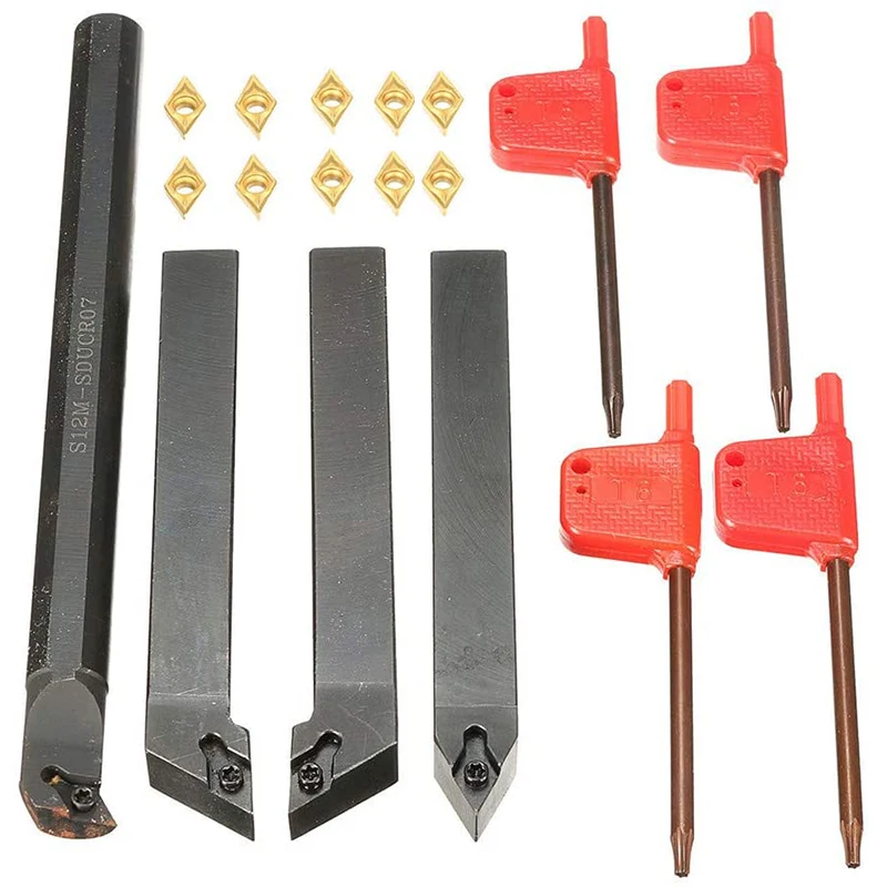 10Pcs Carbide Insert Blades + 4Pcs Lathe Turning Tool Holder Set + 4Pcs Wrench for Lathe Turning Tool Machine Tool Sets