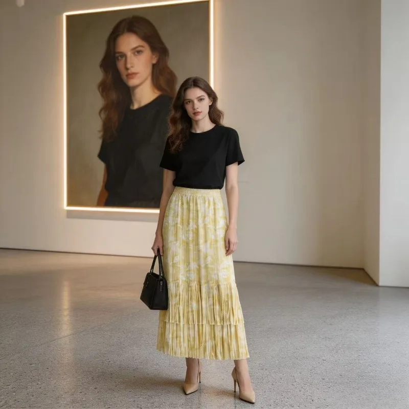 Miyake Pleated Yellow Floral Tassel Skirt for Women 2026 Summer New High Waist Fashionable Draped Slimming Mid-Length Skirt
