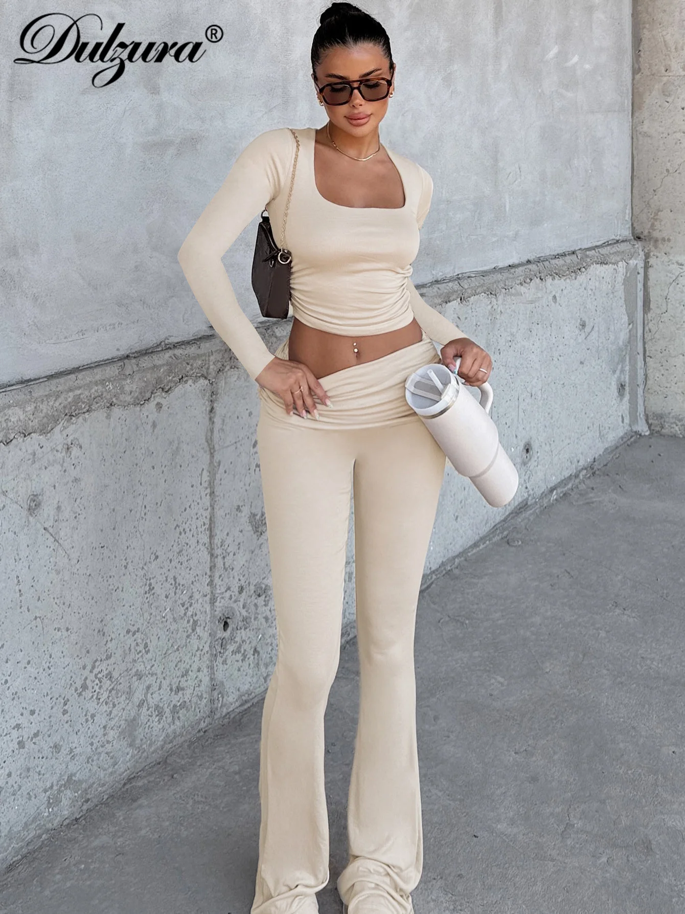

Dulzura Solid Casual Ruched 2 Piece Pants Set Long Sleeves Slim Crop Top And Flare Pants Matching Set Streetwear Autumn Winter