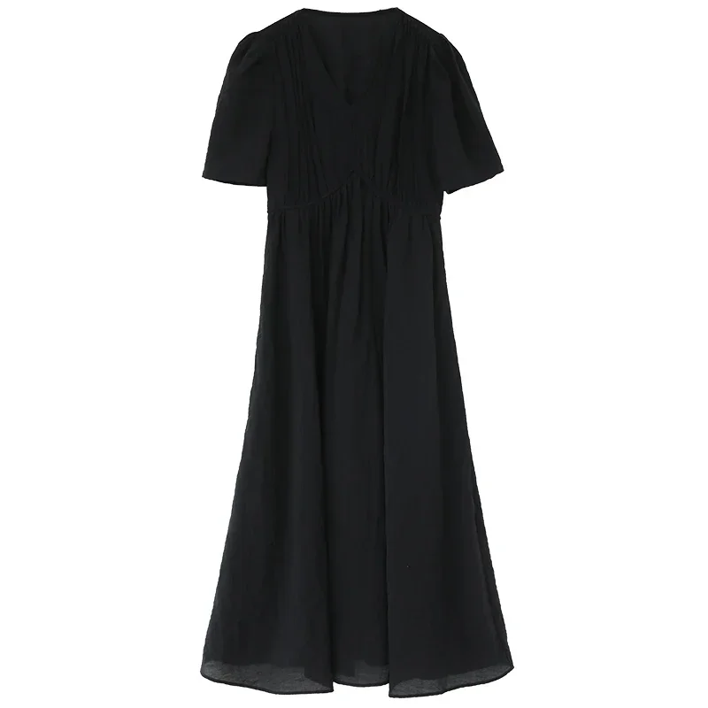 ชุดเดรสแขนพองคอวีวินเทจสำหรับผู้หญิงชุดเดรสยาวสีขาวทรงหลวมฤดูร้อน2023ใหม่