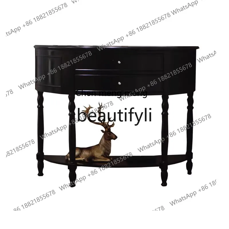 

American high-end solid wood table against the wall retro entrance table semi-round entrance wall side cabinet H