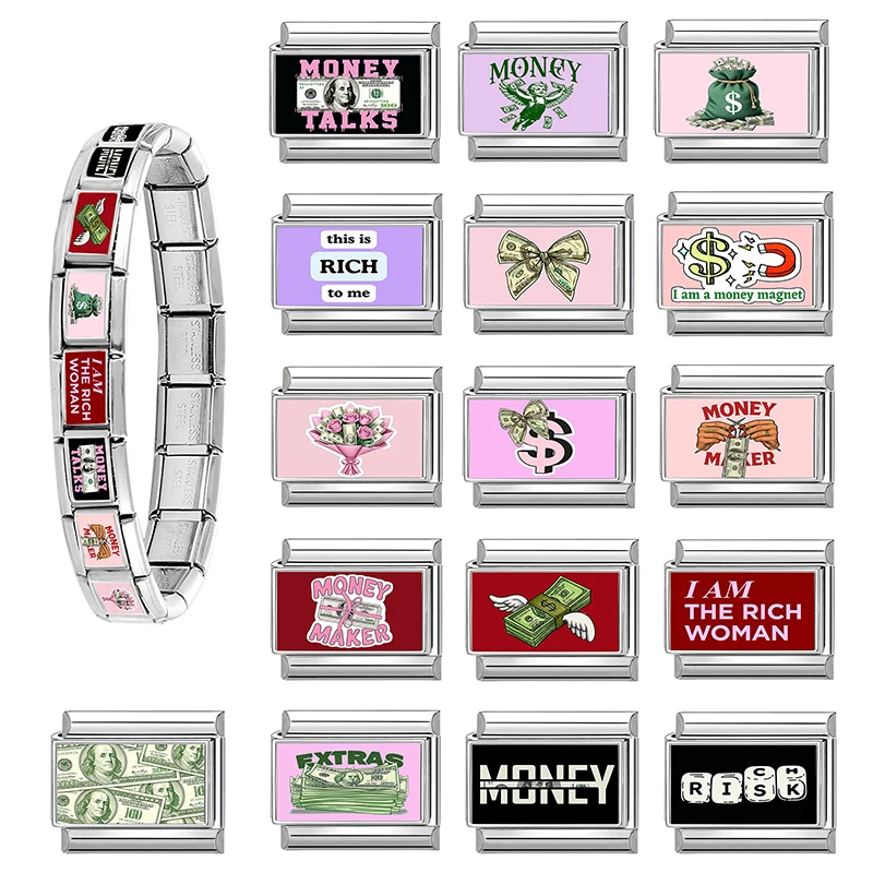 New Creative Flowers Bow Money Pattern Italian Charm Links Fit 9MM Stainless Steel Bracelet DIY Handmade Jewelry Wholesale