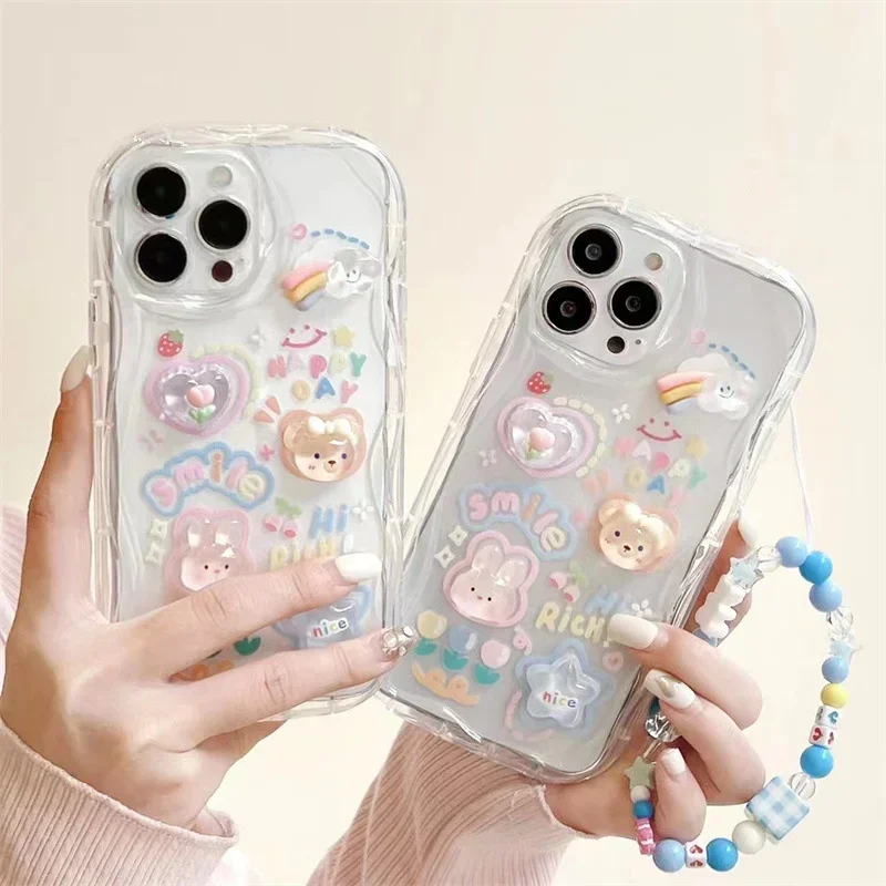 Korean 3D Bear Hang Phone Chain Lanyard Clear Soft Case For iPhone 15 14 Pro Max 11 13 12 Mini XR 6 8 7 Plus X XS SE Cute Cover