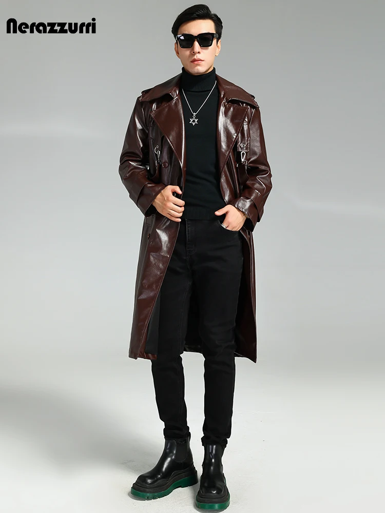 Nerazzurri Autumn Oversized Cool Brown Long Pu Leather Trench Coat Men Double Breasted Luxury Designer Punk Syle Clothes 2023