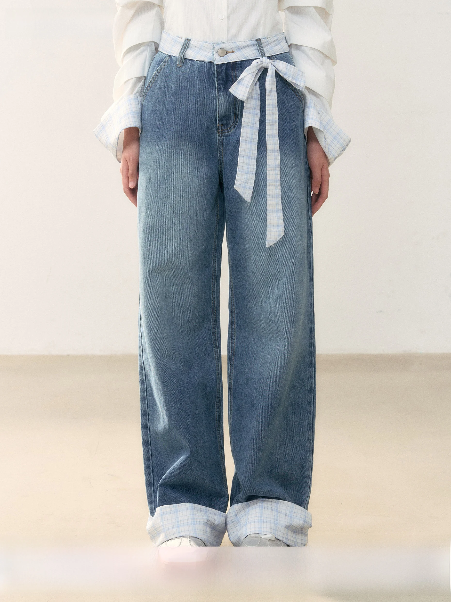 

Повседневные джинсы Umoumo Uromu с широкими штанинами прямого кроя, свободного дизайна, с клетчатыми вставками и завязками, с высокой талией