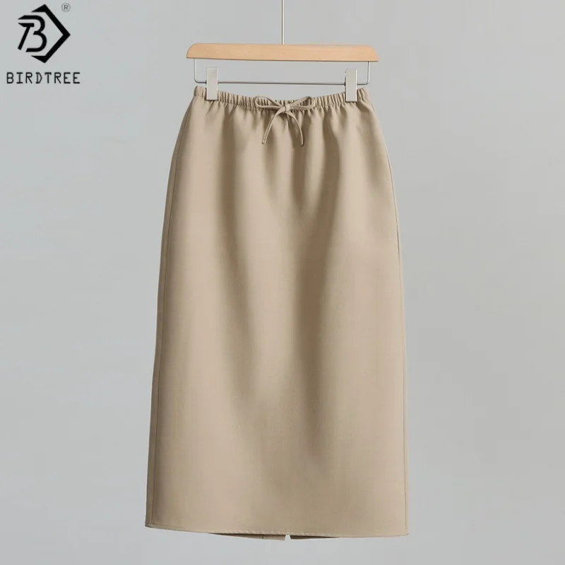 Birdtree, 70% Sheep Wool 30% Silk Drawstring Skirt, Elastic Waist, Women's Straight Rear-slit Skirts, 2026 Autumn New D69324JF