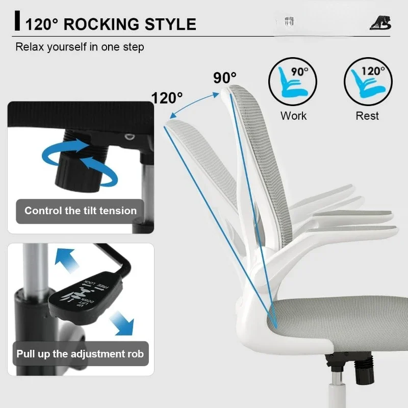 Sytas 홈 오피스 의자 인체공학적, 메쉬 책상 의자 요추 지지대, 인체공학적 컴퓨터 의자 조절 가능한 팔걸이(회색)