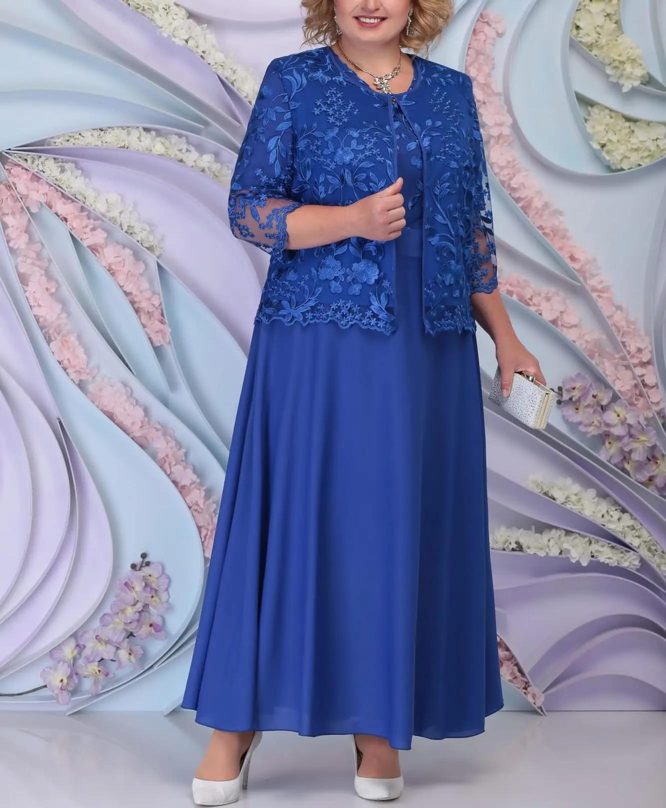 

2 Piece Mother of The Bride Dresses for Wedding with Jacket Long Chiffon Lace Appliques Formal Evening Dresses