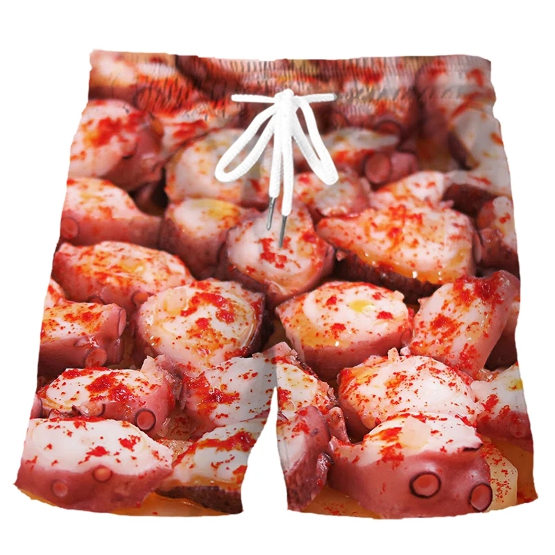 HX Delicious Food Sport Shorts 3D Graphic Sizzling Octopus Sausages Polyester Pockets Board Pants Harajuku Men Clothing