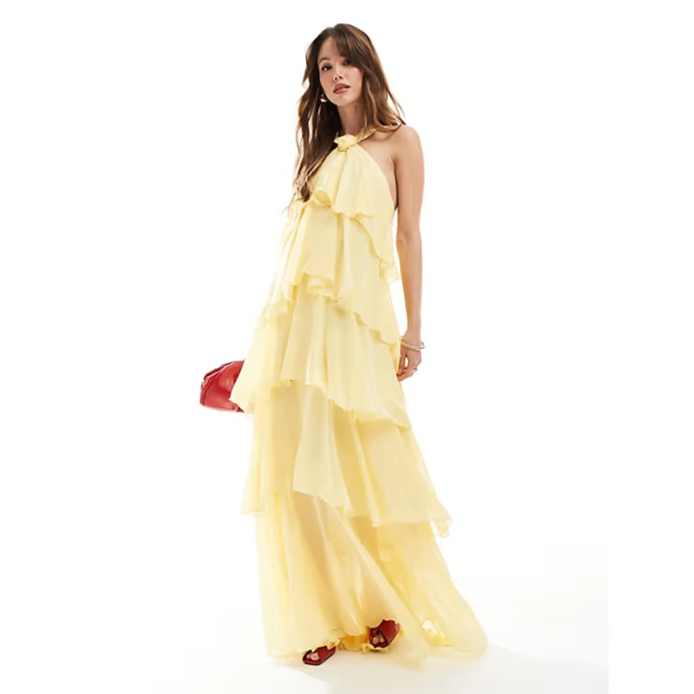 

Желтые классические вечерние платья Dream, шифоновое платье длиной до пола, многоуровневое платье для выпускного вечера с цветочным принтом, Vestidos De Fiesta, по индивидуальному заказу