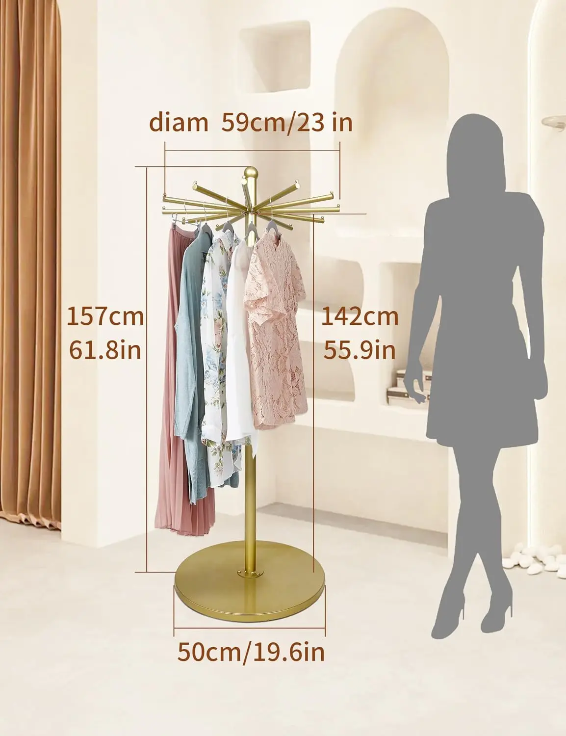 23-Inch Metal Rotating Purse & Scarf Display Rack,Gold | Rack Load 100lbs，Heavy Duty Metal Scarves Rack Stand,Freestanding Displ
