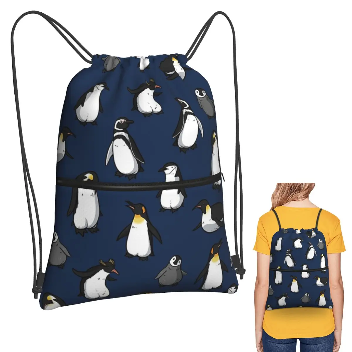 

Рюкзаки с милым узором пингвина (темно-синий вариант), повседневные рюкзаки на шнурке, карманная сумка для мелочей, сумки для книг для мужчин, женщин, студентов