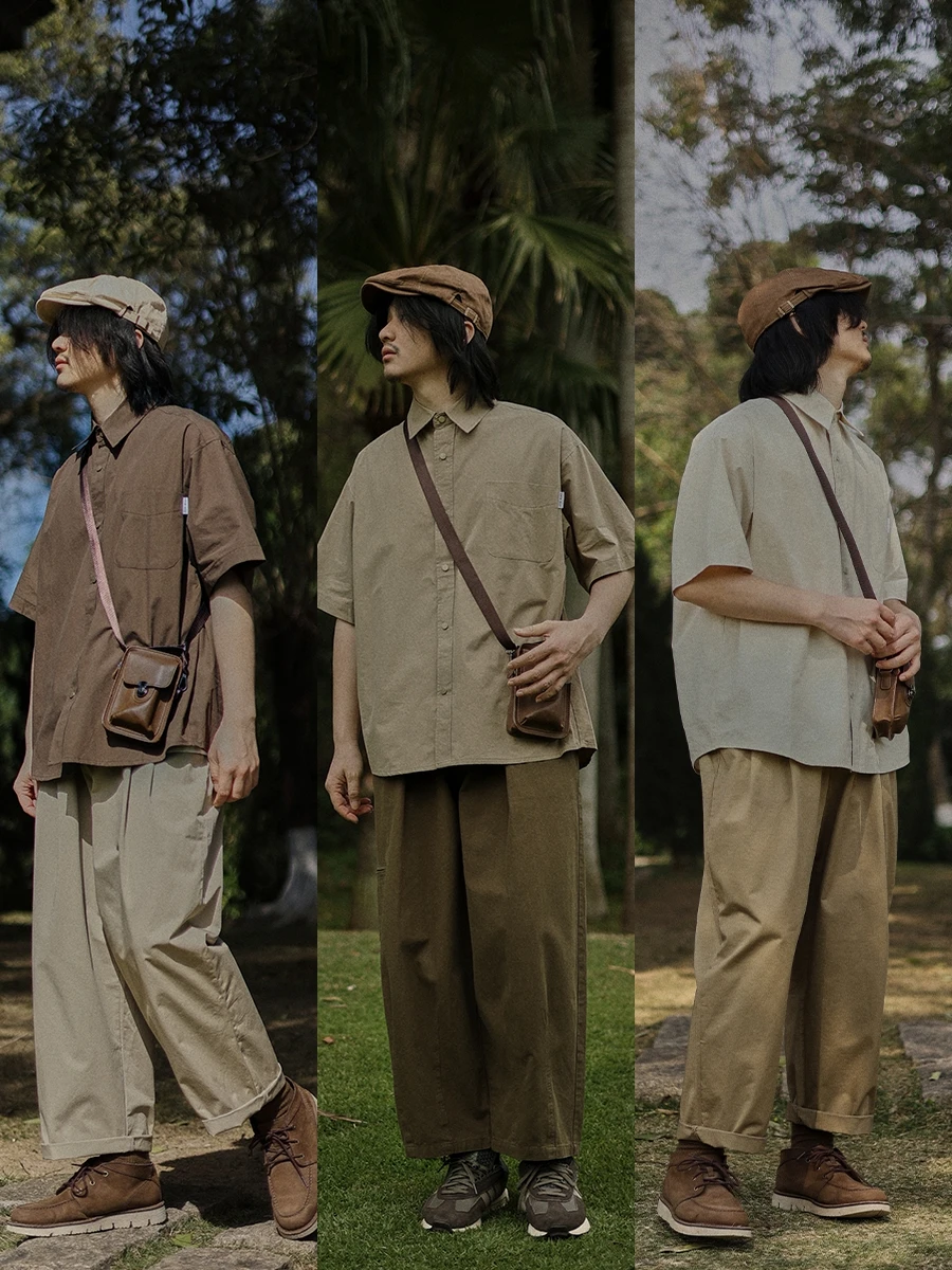 

Ретро-японская мужская рубашка с коротким рукавом для работы, летняя, свободного кроя, повседневная, для многослойных образов, цветная, модная, в стиле кэжуал.