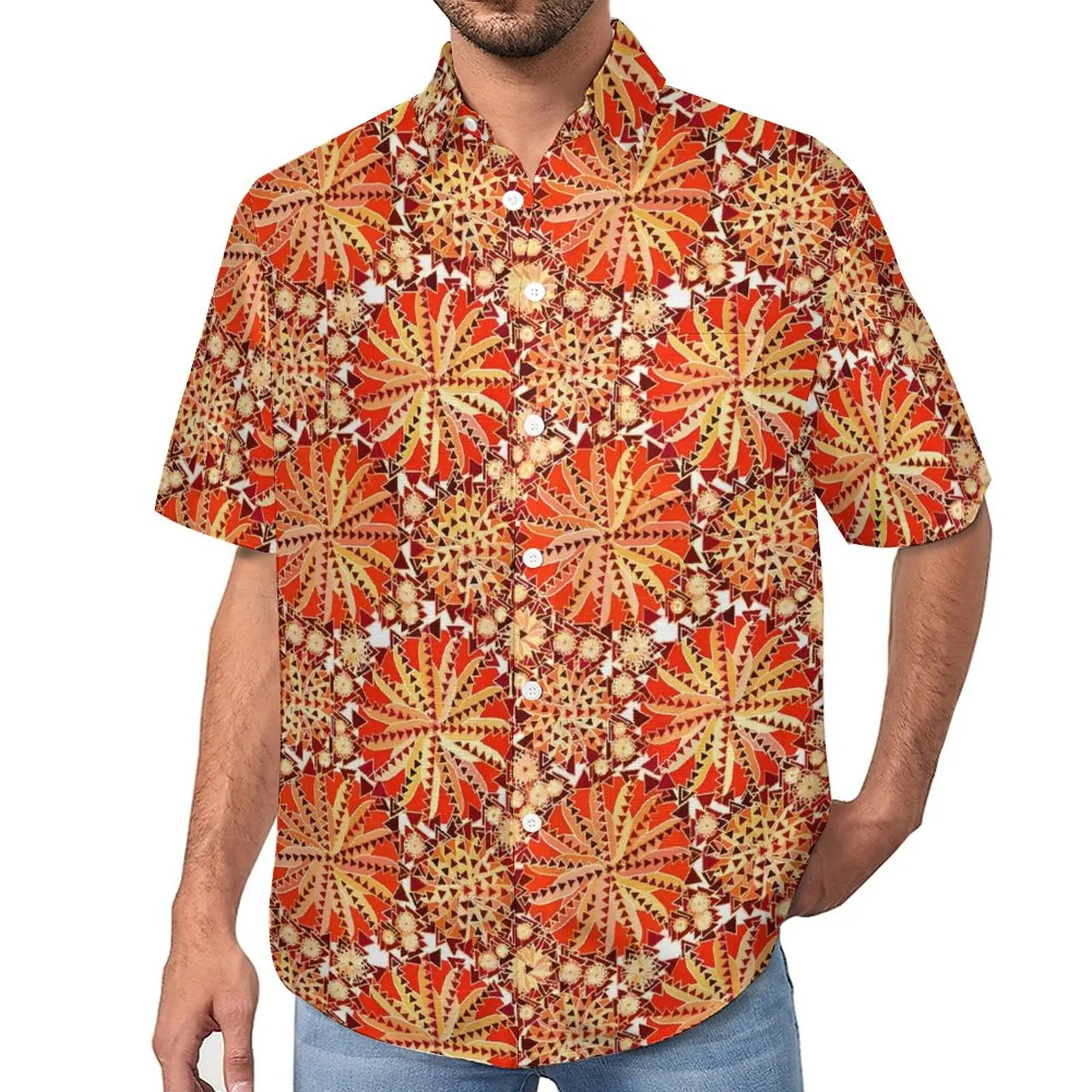 

Tribal Print Blouses Male Orange Mandala Casual Shirts Hawaiian Short Sleeves Graphic Vintage Oversized Beach Shirt Gift