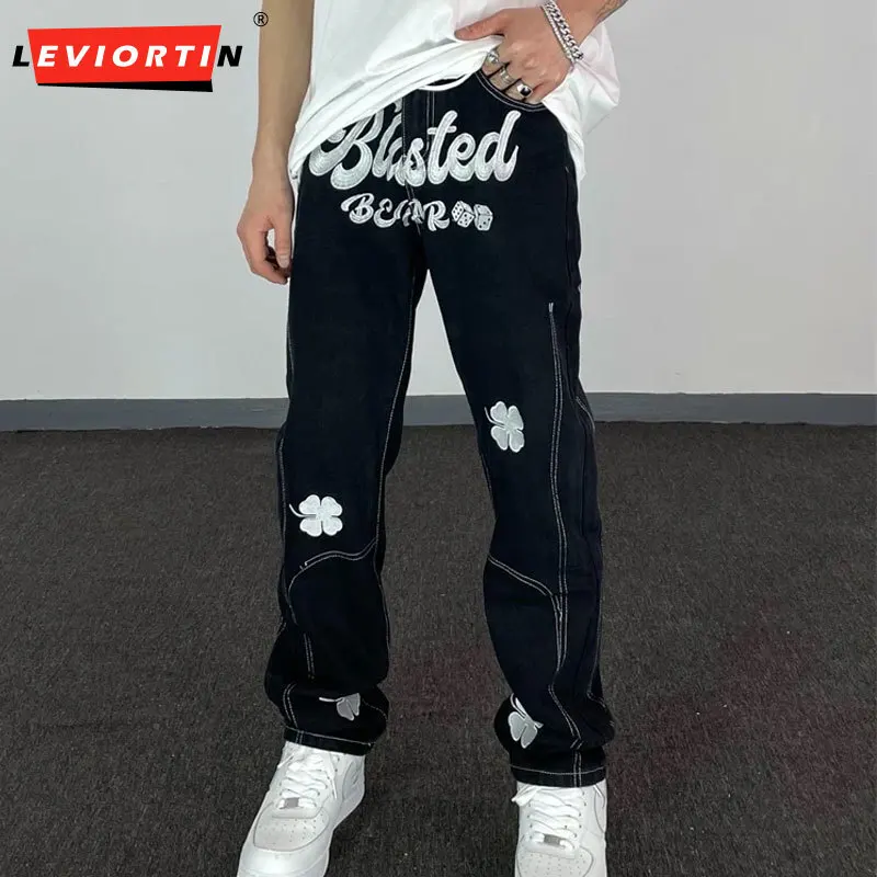 High Street Letter Embroidered Fried Street Pants Hip Hop Retro Loose Mens Denim Trousers Straight Streetwear Casual Jeans Pants