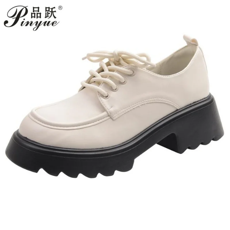 

women's shoes spring and autumn leather Loafers platform shoes lace-up single shoes Plus size 35-43 size ladies casual flat