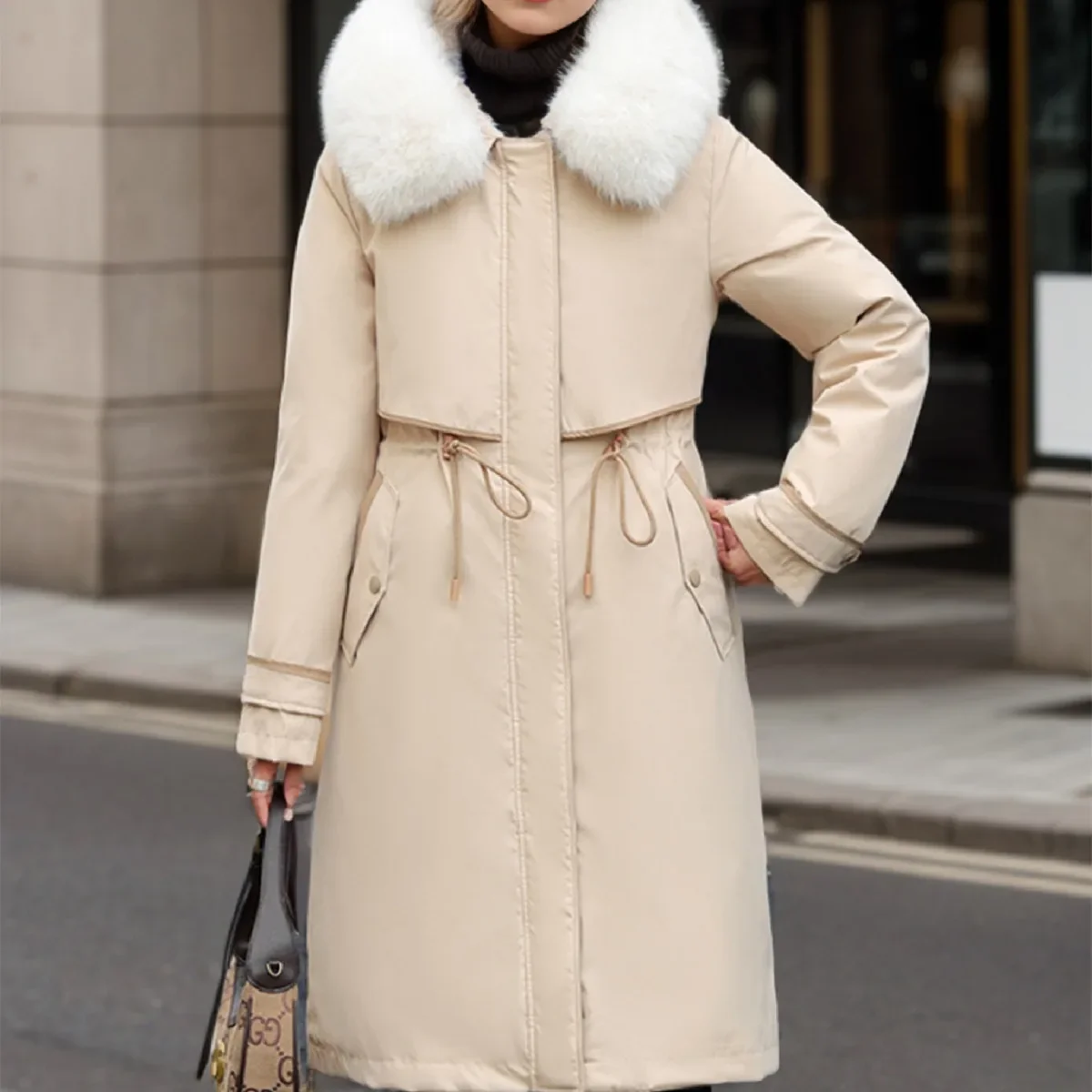 2025 Women's Parkas Coats Winter Female Fur Collar Warm Thicken Warm Long Cotton Jacket Women Waist Drawstring Jacket For Women