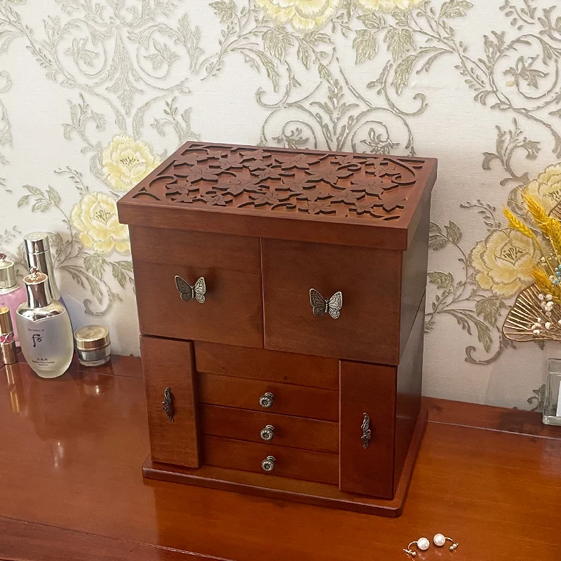 Large capacity jewelry storage box High-grade solid wood retro European jewelry jewelry storage cabinet with mirror dressing box