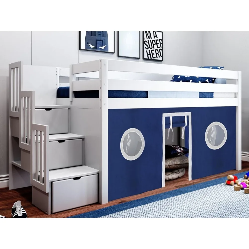 Modern Low Loft Double Bed with 3 Drawers Staircase, Blue, with Blue and White Tent