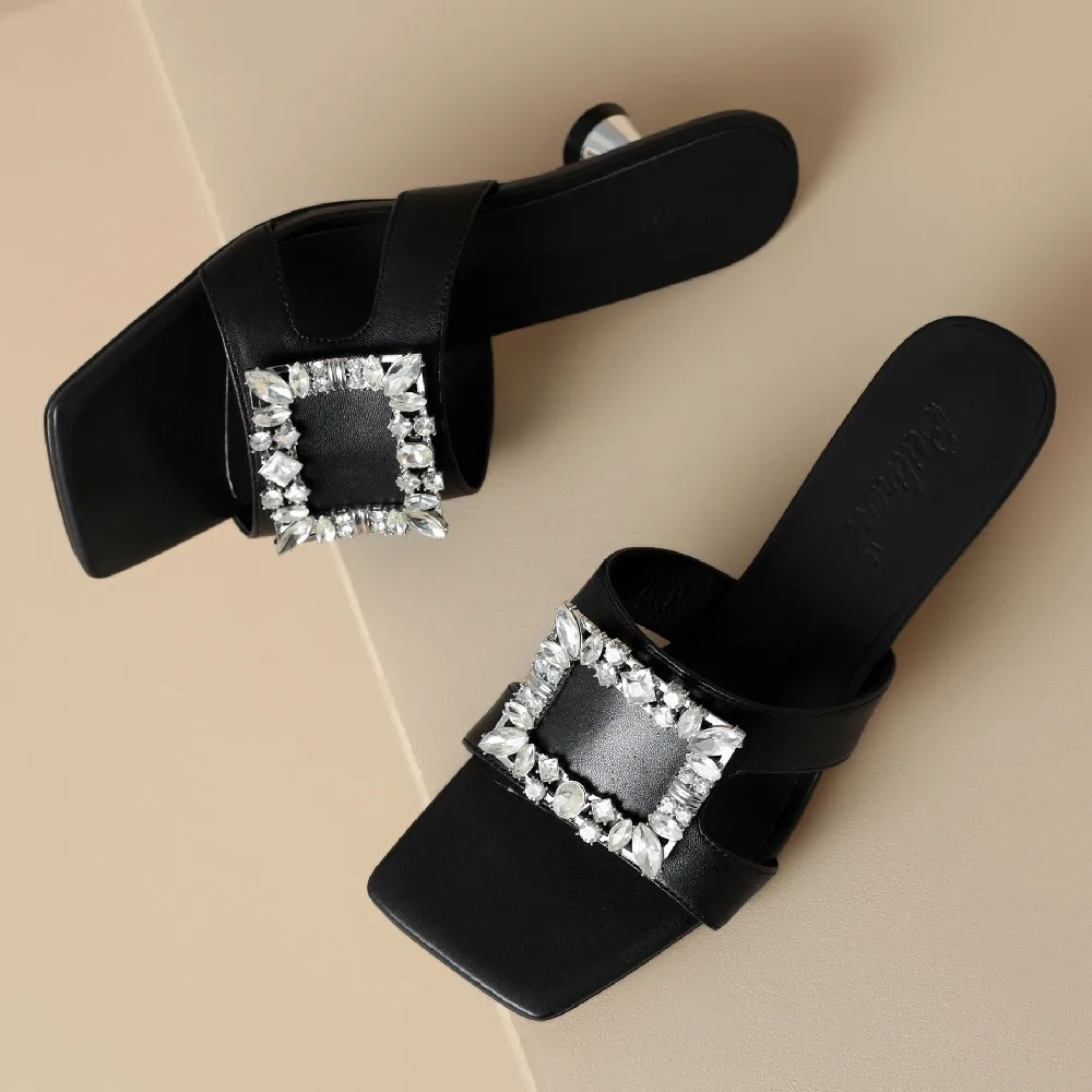 Women\'s slippper sheepskin 4.5cm thin high heel sqaure toe slip-on slipper elegant ladies crystal buckle summer dress sandals