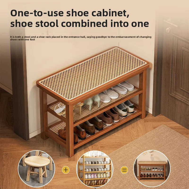 

Modern Entryway Bench with Shoe Storage 3-Tier Hallway Organizer with Seat Rattan Design Shoe Rack for Porch Entryway and Hall