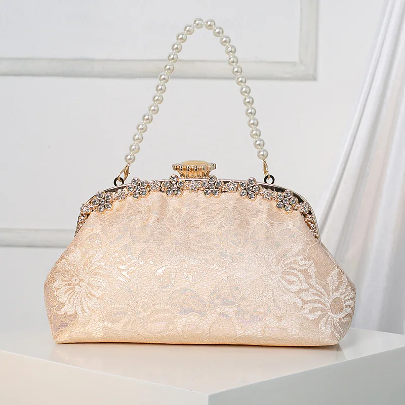

Champagne Silver Chinese Style Dinner Evening Bags For Women Prom Party Small Clutch Flower Print Pearl Chain Handbag Charm Bag
