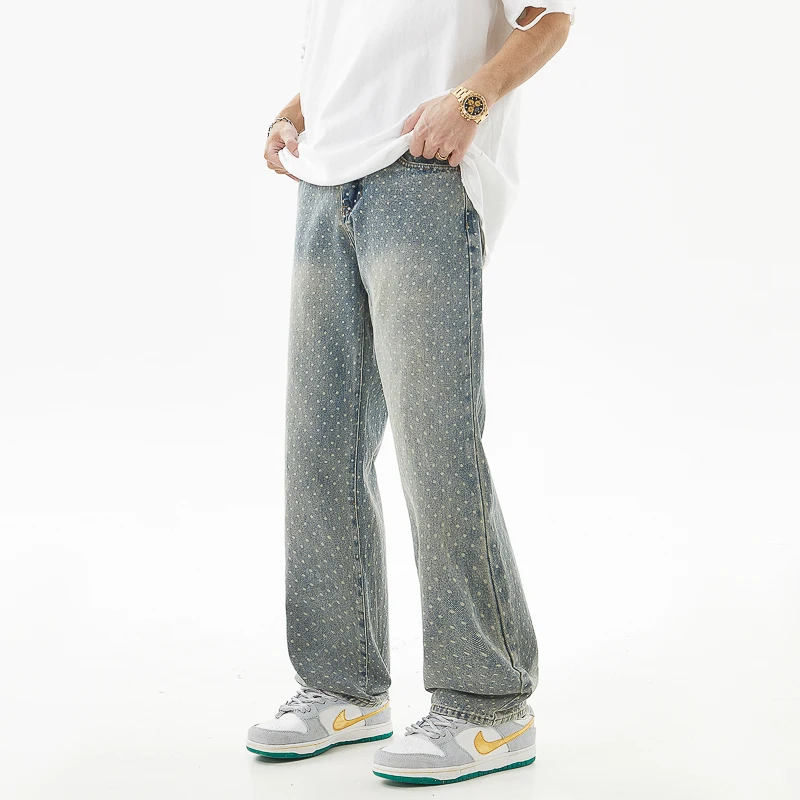 Printed jeans men's hip hop trend fashion street Korean retro distressed Y2K casual loose straight-leg wide-leg pants