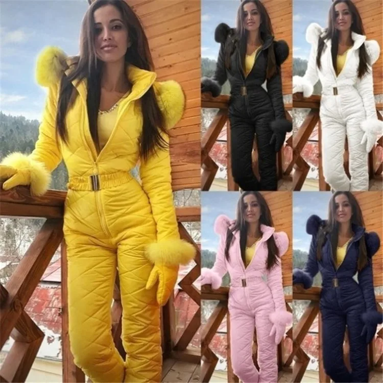 

Outdoor Sports In Spring Autumn and Winter Pure Color Hooded Zipper Jumpsuit Outerwear Pants Skiing Suit Women's Clothing