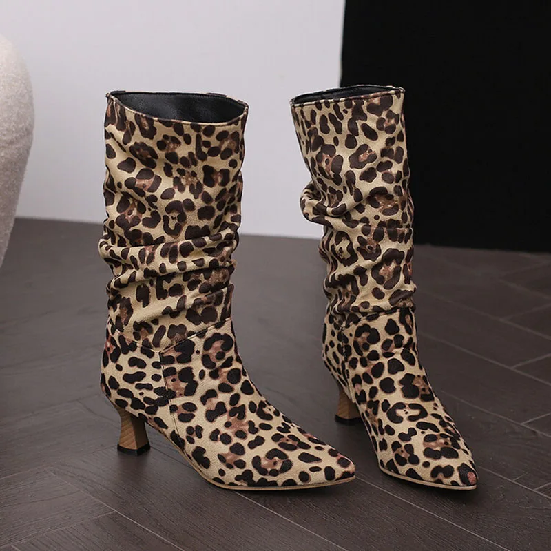 Winter Mid-calf Boots Woman Slip On Pointed Toe High Boots Middle Heels Fashion Leopard Plus Size 34-43 Women Boots WSH4933