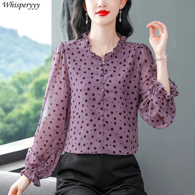 Chiffon Shirt Women's Polka Dot Tops Spring Summer Fashion Printing Round Neck Loose Camisas De Mujer Flare Sleeve Blouse