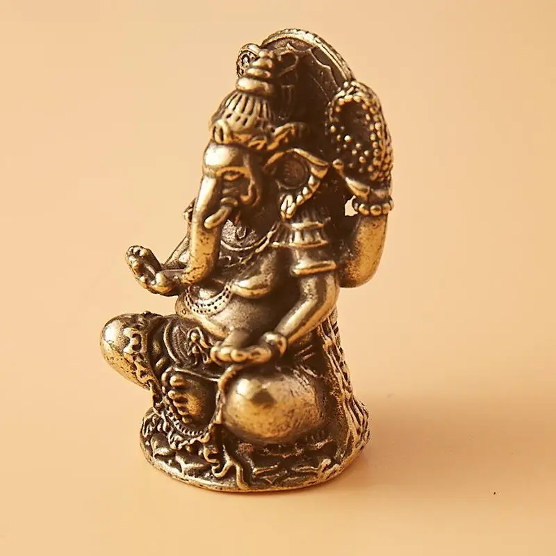 1Pcs Mini Ganesha Statue Solid Brass Elephant Figurine Handmade India Thailand Style Decor for Office Desktop Hindu Worship Gif