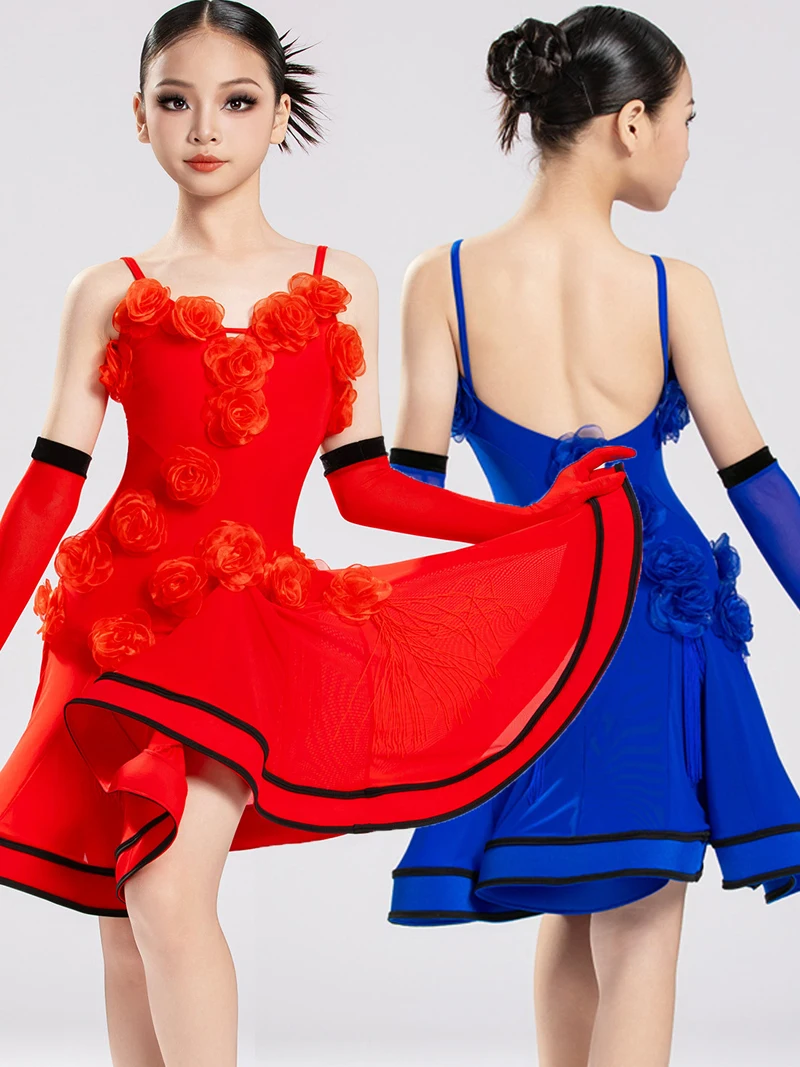 2026 Mädchen Lateinamerikanisches Tanzkostüm Blumenmuster Blaues Slip-Kleid Kinder Lateinamerikanisches Tanz-Show-Bühnenoutfit Lateinamerikanische Tanzkleidung Rot