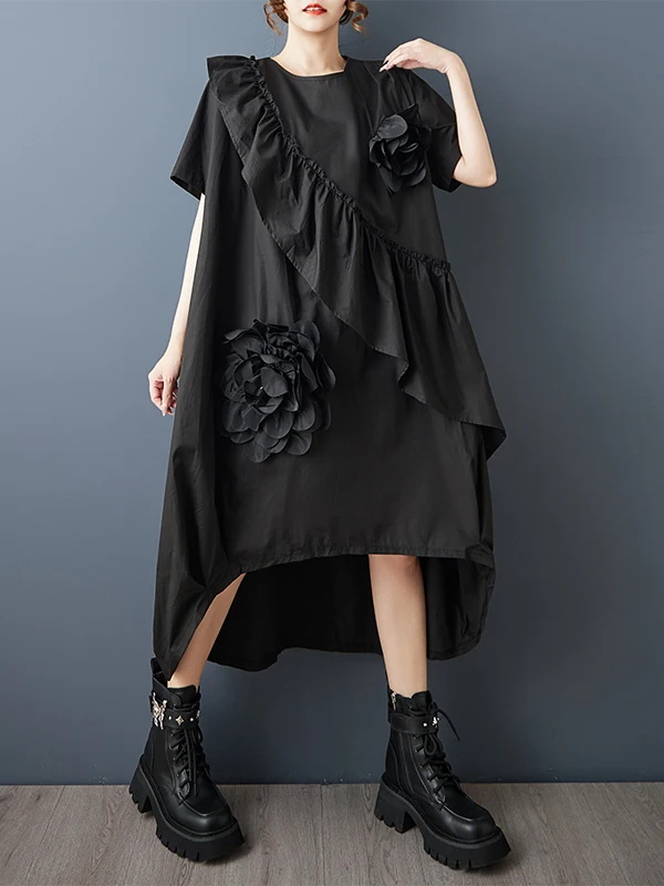 กระโปรงทรงเอเอวสูงลายดอกไม้ลูกไม้ชายระบายแบบอสมมาตรแฟชั่นสำหรับผู้หญิงไซส์ใหญ่ช่วงฤดูร้อน