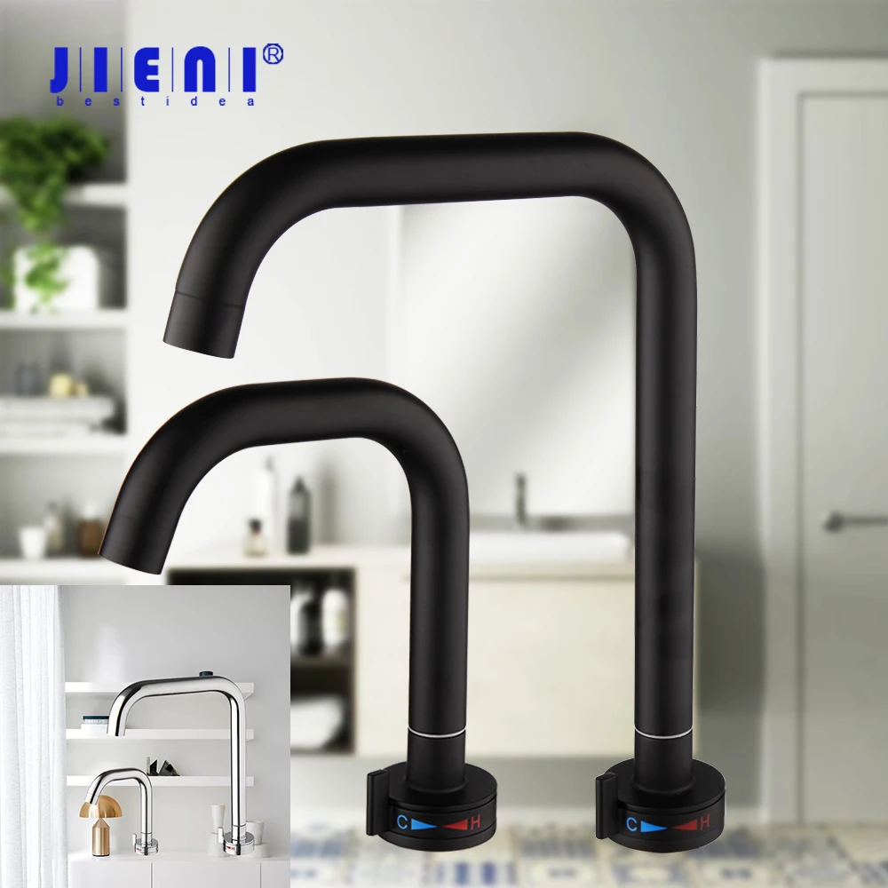 

JIENI матовый черный и хромированный смеситель для раковины в ванной комнате, смеситель для ванной комнаты с носиком, простая версия, смеситель для горячей и холодной воды из нержавеющей стали