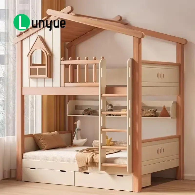 Solid Wood Kids Loft Bed with Closet Creamy Aesthetic High Sleeper Space Saving Storage Bed Frame for Children
