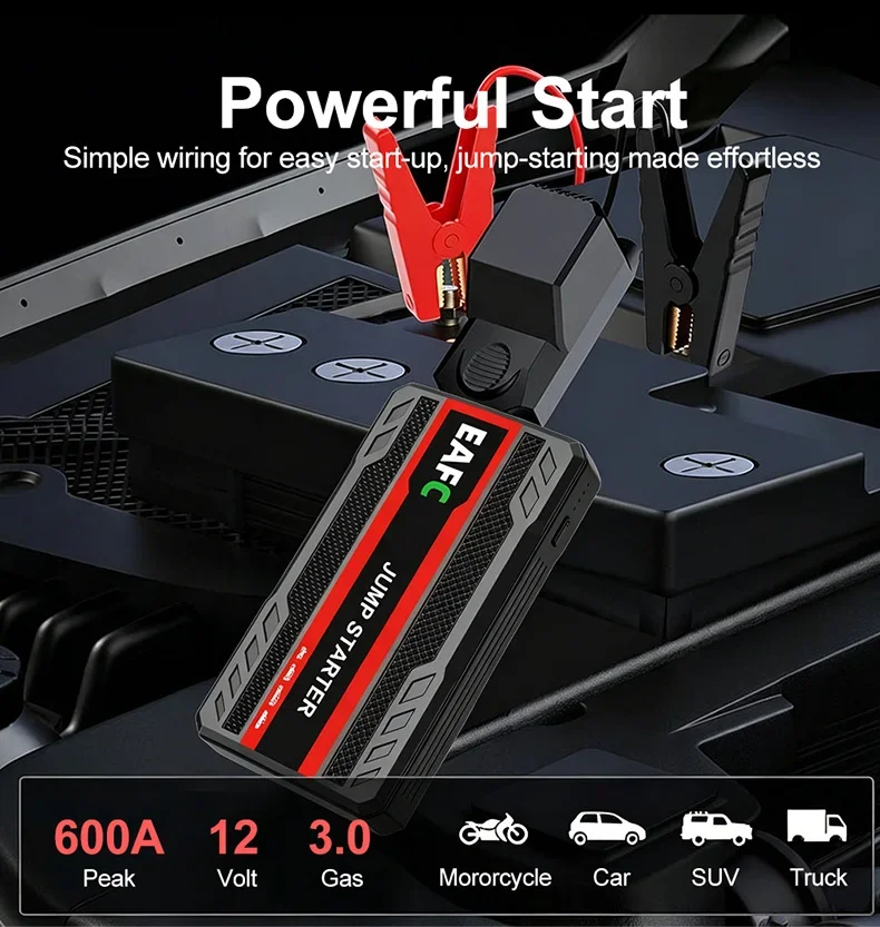 EAFC 600A Spitzenstrom 12V Auto-Starthilfegerät, tragbares Auto-Batterie-Starthilfegerät mit LED-Notlicht und USB-Powerbank für 3,0-Liter-Benzinfahrzeuge, Motorräder, SUVs, Pickups. – Detail 5