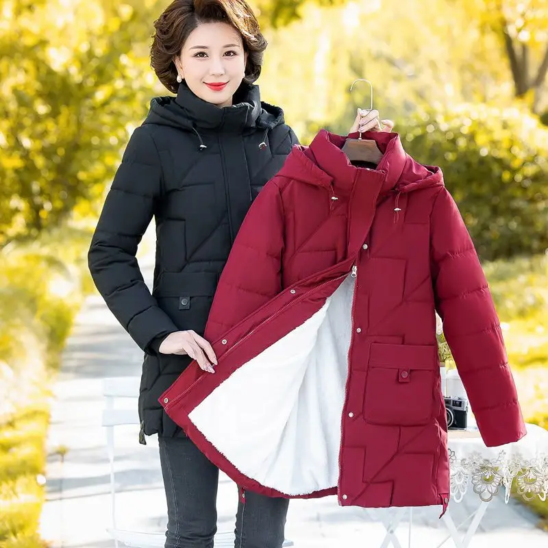 

2024 Winter New Women's Jacket Outer Mid Length Cotton Hooded Coat Thick Warm Windproof Casual Student P79