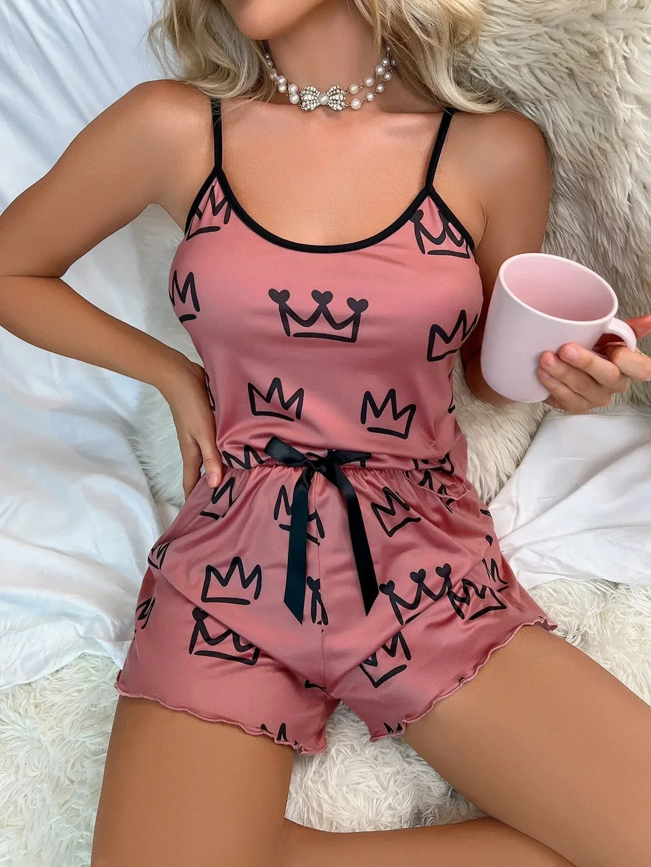 Love Printed Sleepwear Women Sexy Lingerie 2 Pieces Pajama Set Sleeveless Cami Top & Shorts Loungewear Pijamas