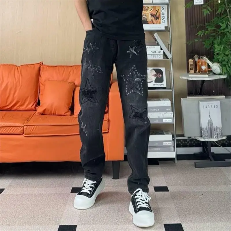 

Мужские джинсы свободного кроя с прямым силуэтом, вышивкой и пайетками, рваные, длинные брюки, осенне-зимние, повседневные, износостойкие