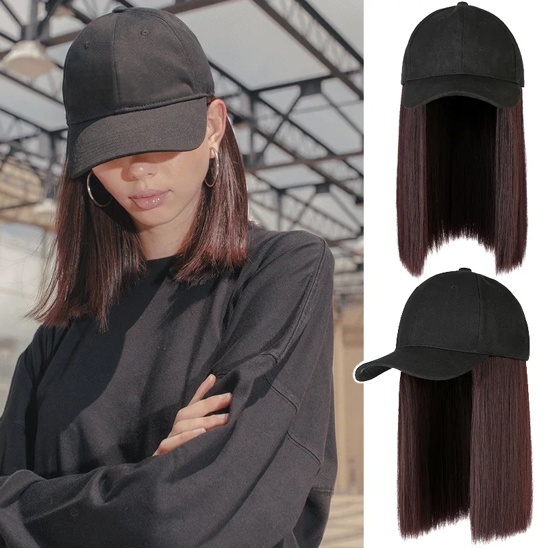 Ladies Medium Long Straight Synthetic Wig Fashion Hat Patchwork Head Cover Women's Baseball Peaked Cap Hair Extensions