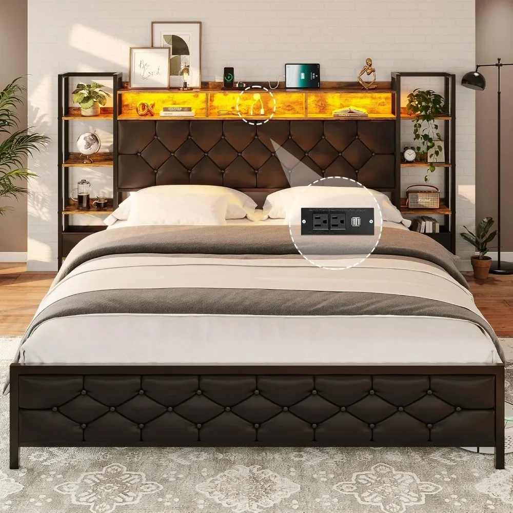 Queen Size Platform Bed with LED Lights and Charging Station, Artificial Leather Headboard with Bookcase Shelves