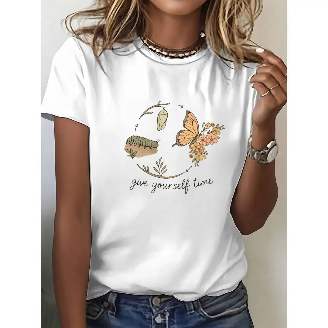 

Give Yourself Time T-shirt, Butterfly Transformation Graphic Tee, Positive Slogan Top, Inspirational Nature Art Short Sleeve