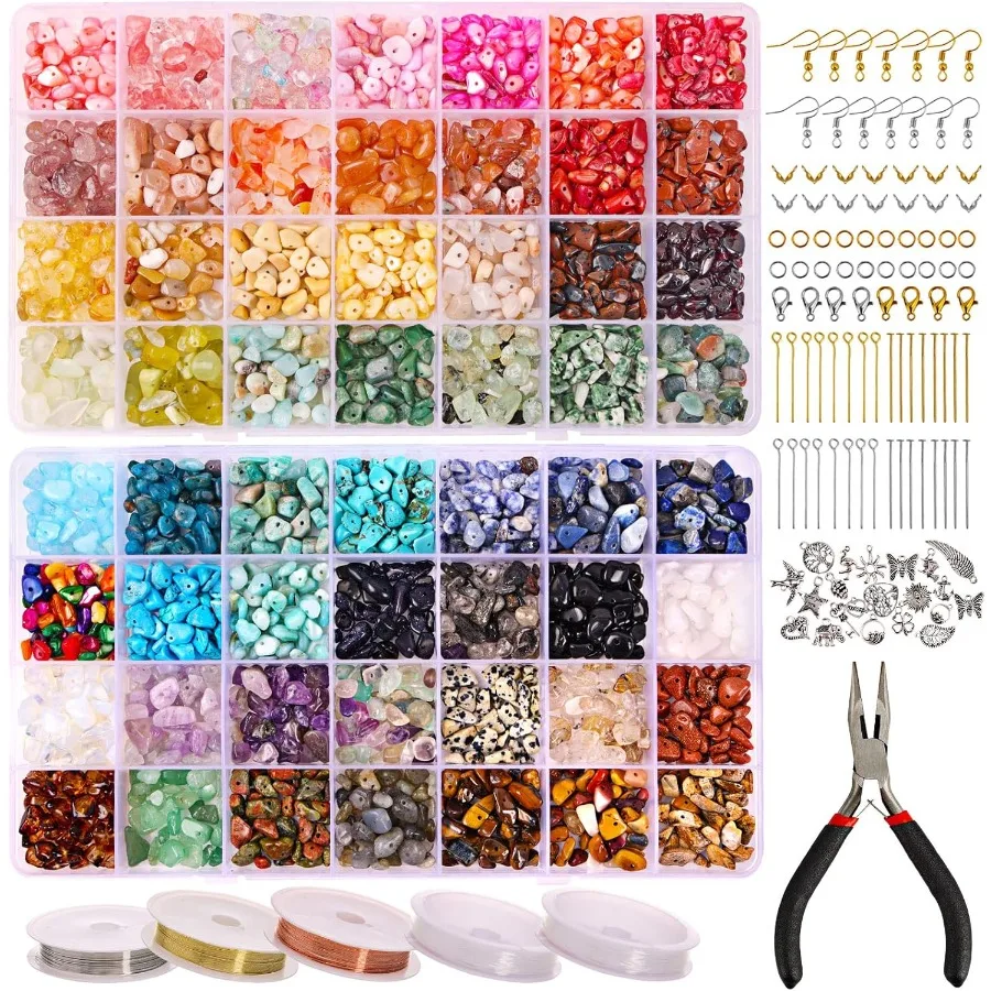 

1800pcs 56 Colors Crystal Beads Ring Making Kit Gemstone Chip Beads Irregular Natural Stone with Jewelry Making Supplies for DI