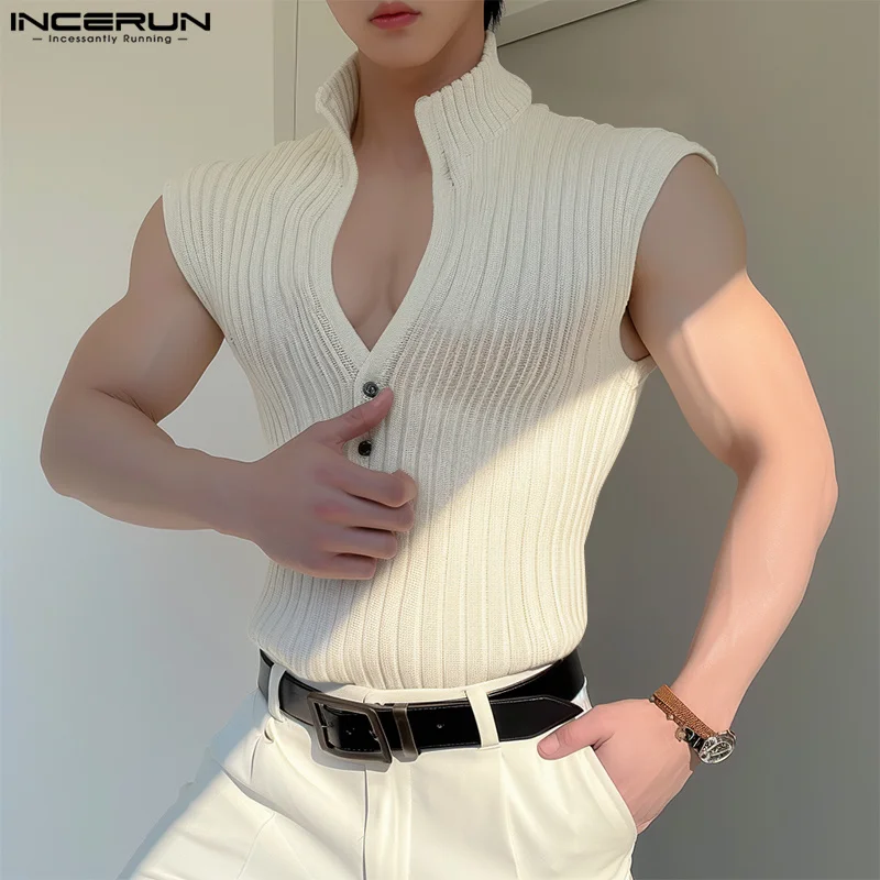 INCERUN Summer Men Tank Tops 2024 V Neck Sleeveless Knitted Men Clothing Solid Color Streetwear Fashion Male Vests S-5XL