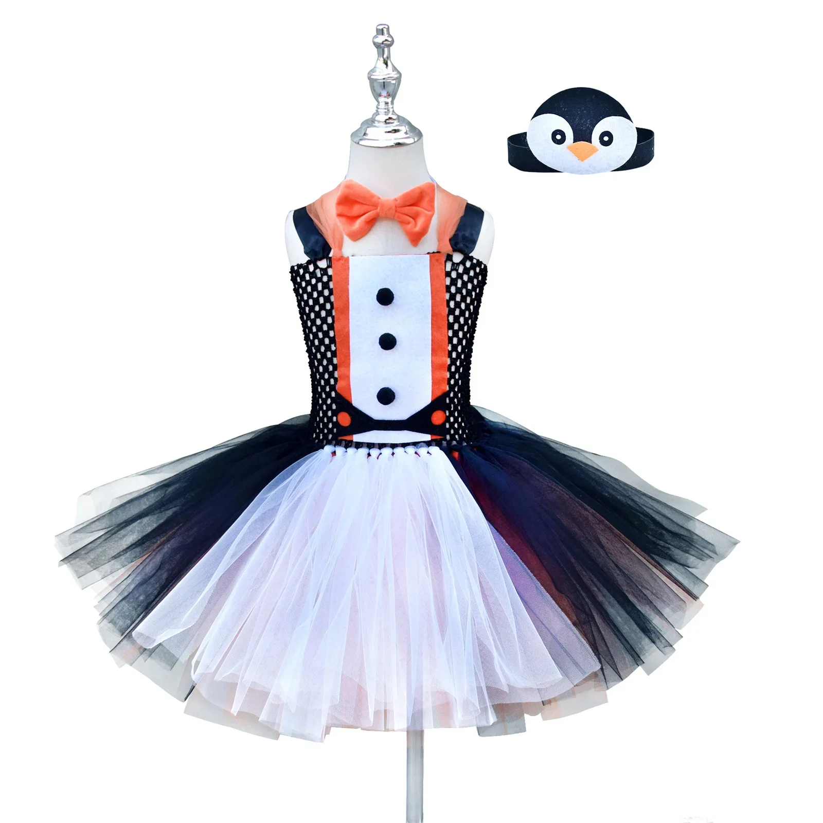 

Girls Penguin Dress Stage Cosplay Costumes Animal Penguin Dress Role Tutu Dress Headband Bow Tie Halloween Carnival Gift Outfits