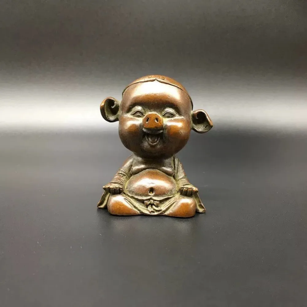 Solid Brass Little Pig Sitting Statue Nine Toothed Rake Tea Pet Home Desk Decor Gift